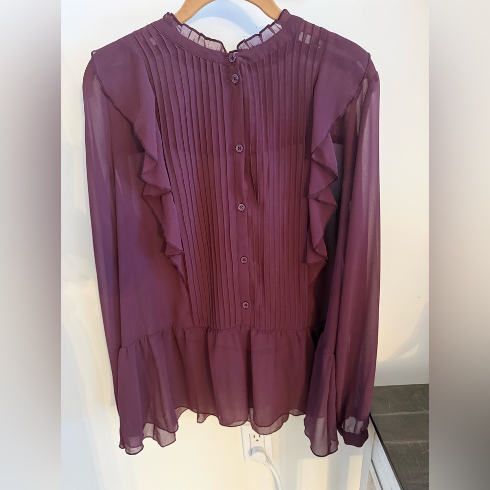 Who What Wear Sheer Plum Blouse with Ruffle Details